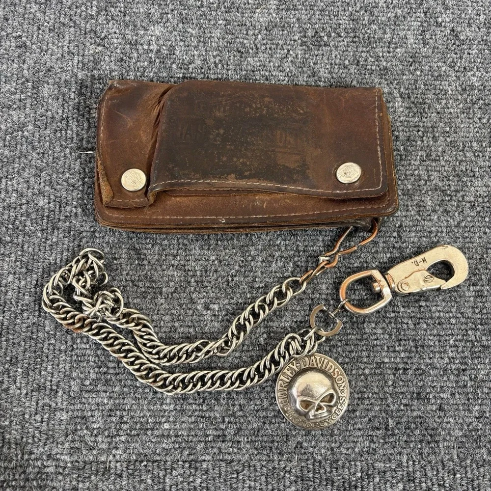 Vintage 90s Harley Davidson Leather Wallet And Willie-G Skull Chain H-D 90s